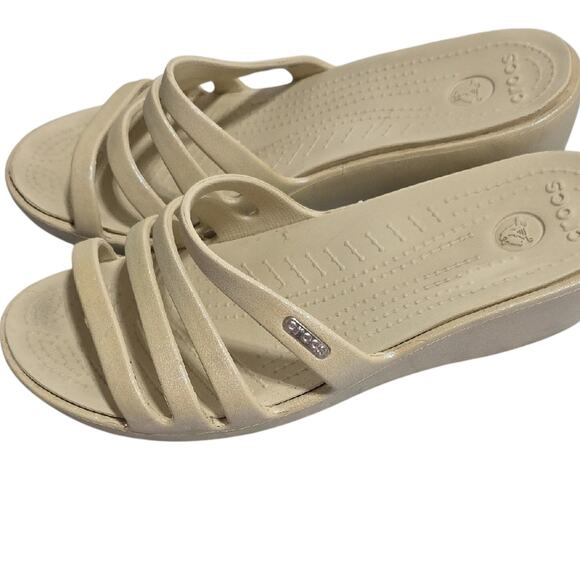 CROCS Womens Sz 9 Rhonda Beige Strappy Wedge Sandals - Picture 3 of 15
